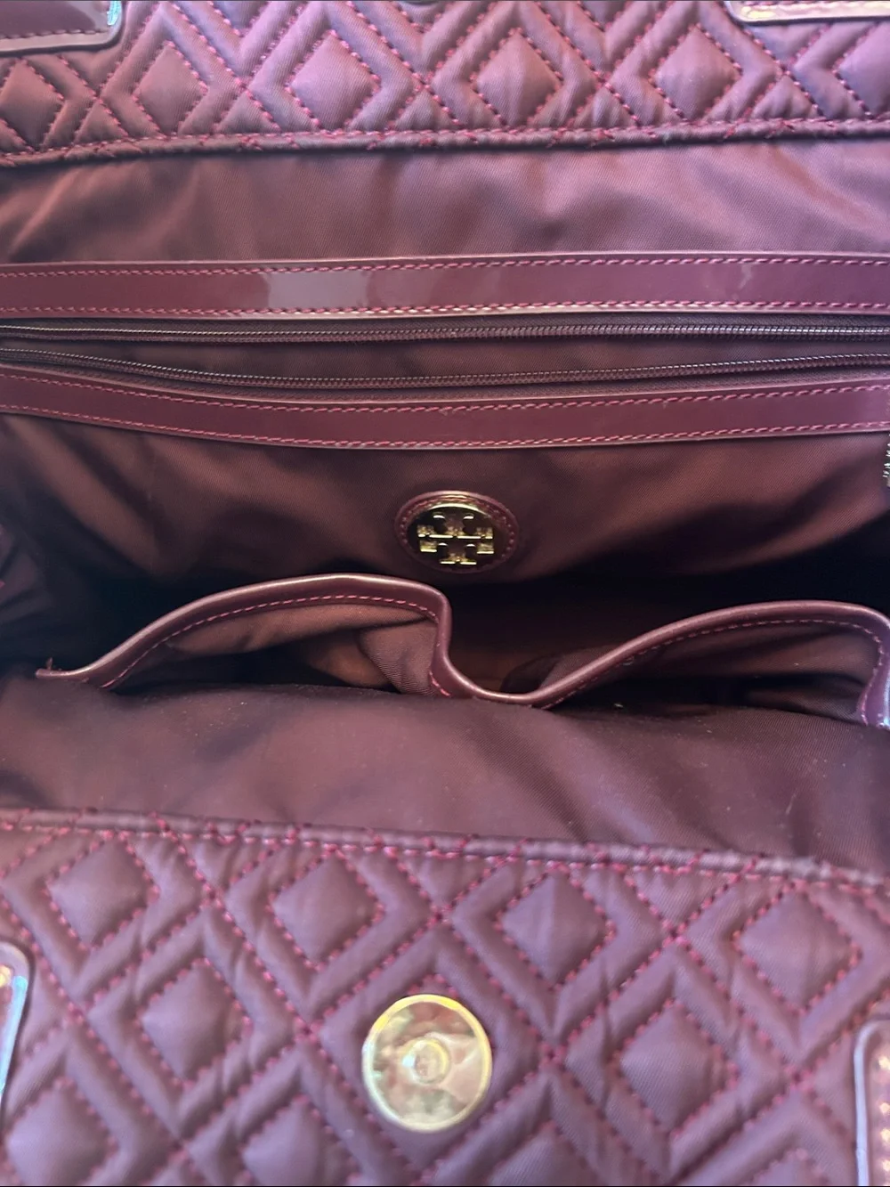 Tory Burch Marion Quilted Tote in Wine with Patent Handles like new